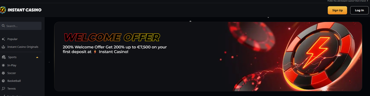 Grafische weergave van de Instant Casino welkomstbonus en voorwaarden