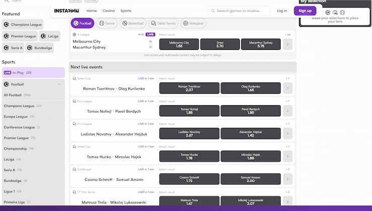 An overview of live betting markets at Instaspin.