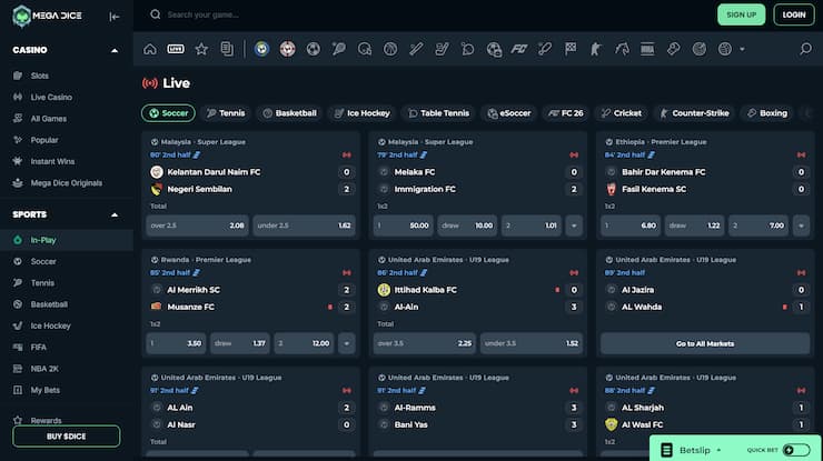 An image showing live betting markets at Megadice.