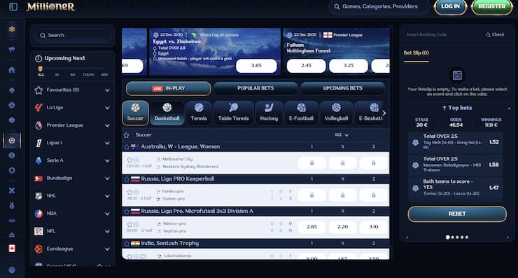 An overview of live betting markets at Millioner.