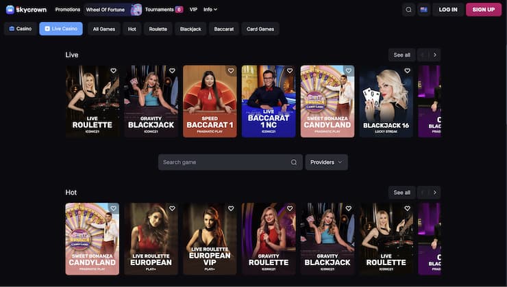 An overview of live dealer casino games at Skycrown.