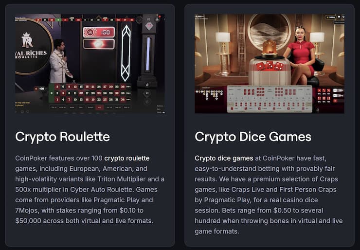 An image showing CoinPoker live casino games available to Canadian players.