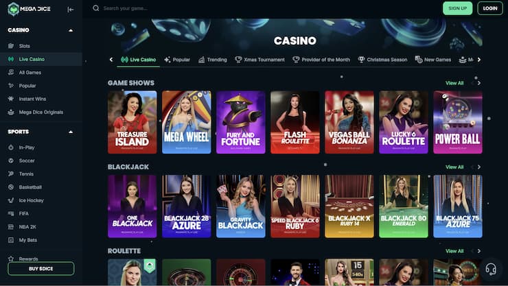 An image showing live dealer casino games at Megadice.