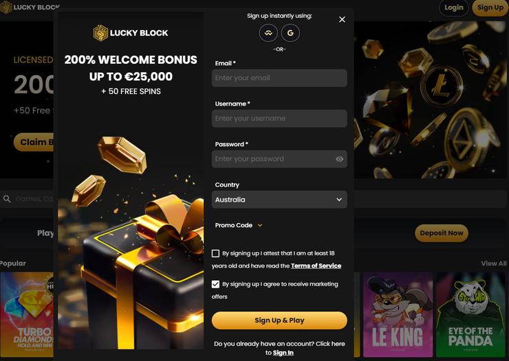 screenshot of LuckyBlock sign up form