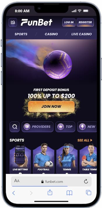 An image showing Funbet landing page on a mobile device.