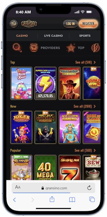 An overview of Gransino mobile website.