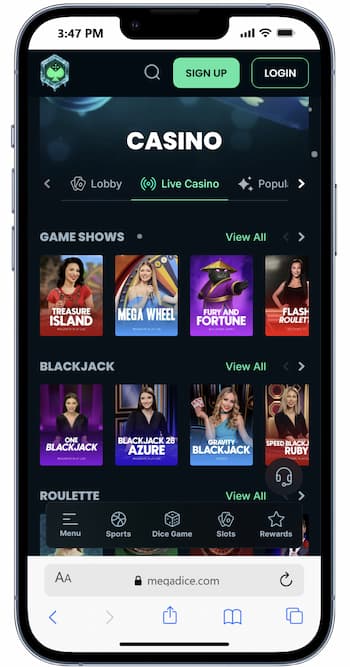 An overview of Megadice mobile website.