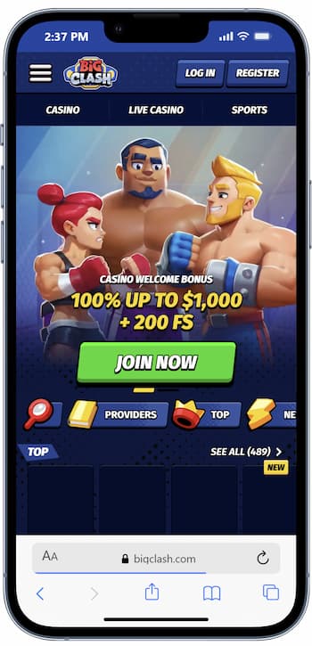 An image showing BigClash landing page on a mobile device.