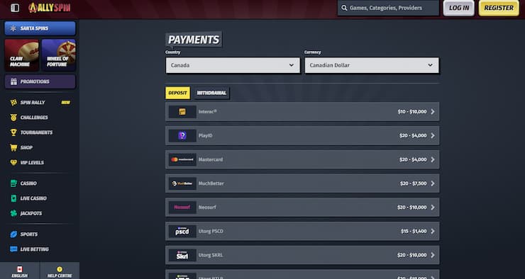 An overview of payment services available to Canadians at Allyspin.