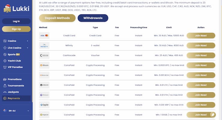 An image showing AUD payment services available at Lukki.