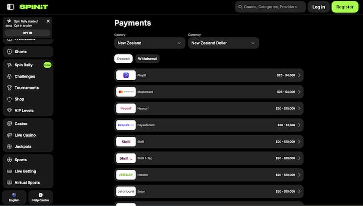 An overview of NZD payment methods at Spinit.