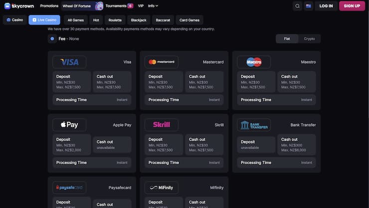 A quick look at the most popular NZD payment services at Skycrown Casino.