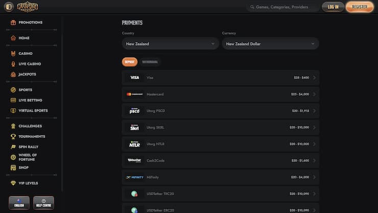 An overview of popular NZD payment services at Gransino.