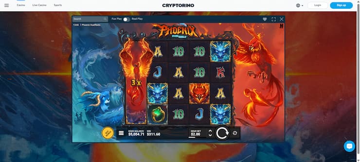 Phoenix DuelReels slot game with fire clad dragon eruptin over the first reel, displayed on Cryptorino.