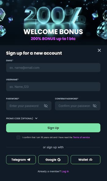 A snapshot of Megadice registration page.