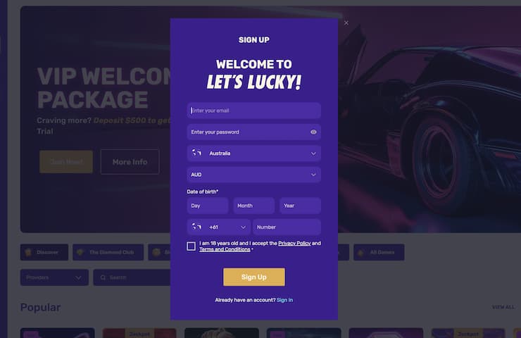 A snapshot of Lets Lucky registration form.
