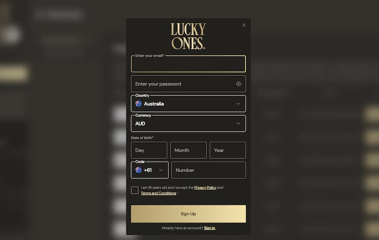 An image of the registration form at LuckyOnes.