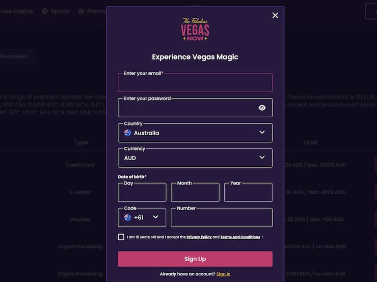 An image showing registration steps at VegasNow.