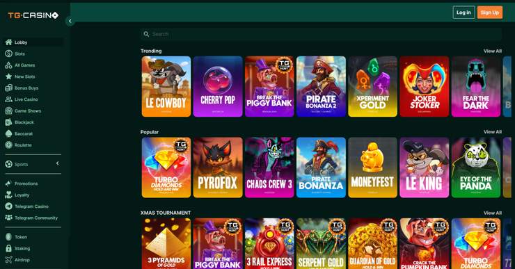 screenshot of TG. Casino's game lobby