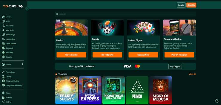 screenshot of TG.Casino's interface for our review