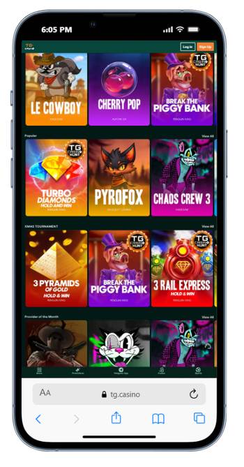 screenshot of TG.Casino mobile site