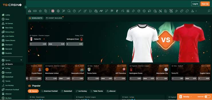 screenshot of TG.Casino's sportsbook