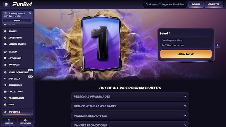 An overview of VIP rewards at Funbet Casino.