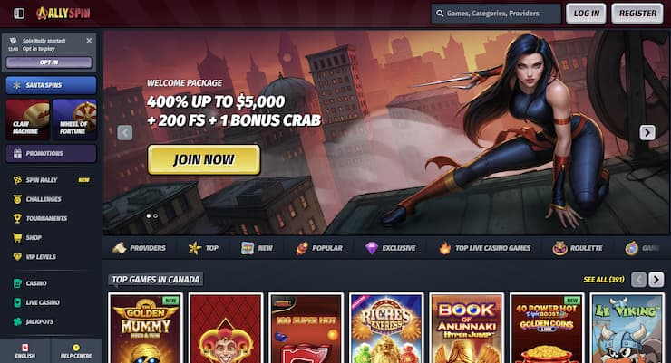 A snapshot of Allyspin Casino landing page on a desktop device.