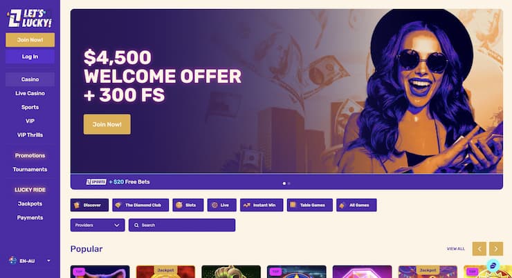A snapshot of Lets Lucky homepage on a desktop device.