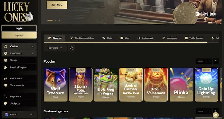 An image showing LuckyOnes landing page on a desktop device.