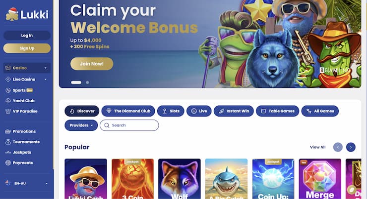 A snapshot of Lukki Casino homepage on a desktop device.