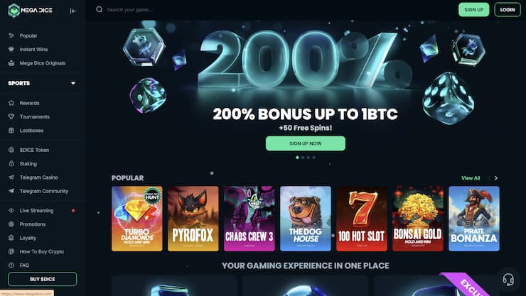 A snapshot of Megadice landing page on a desktop device.