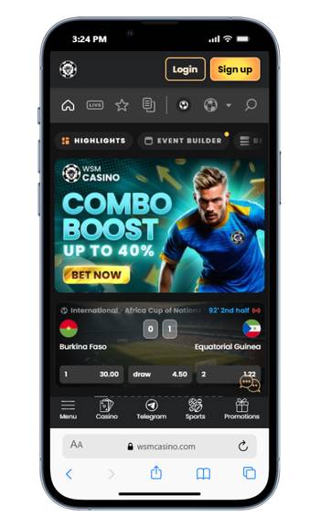 A screenshot of the WSM mobile casino site