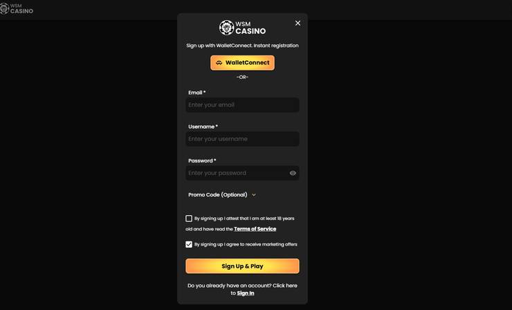 A screenshot of the WSM Casino sign up form