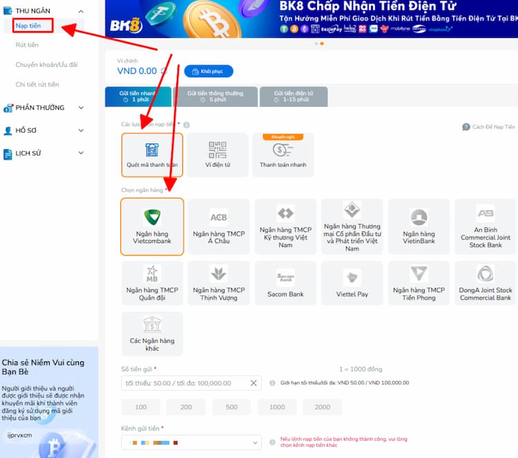 Nạp tiền và chuyển quỹ