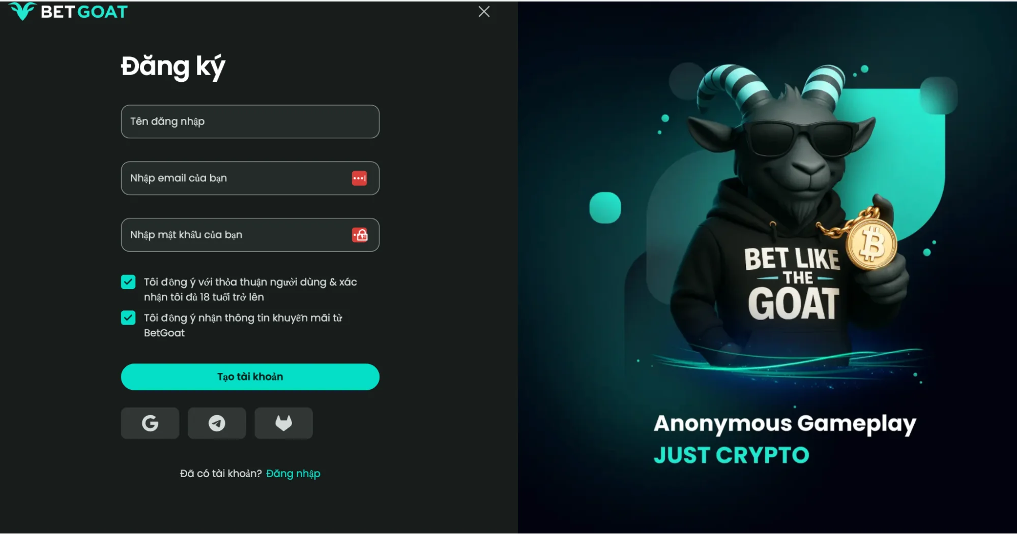 Giao diện đăng ký tài khoản tại nhà cái bắn cá uy tín Betgoat