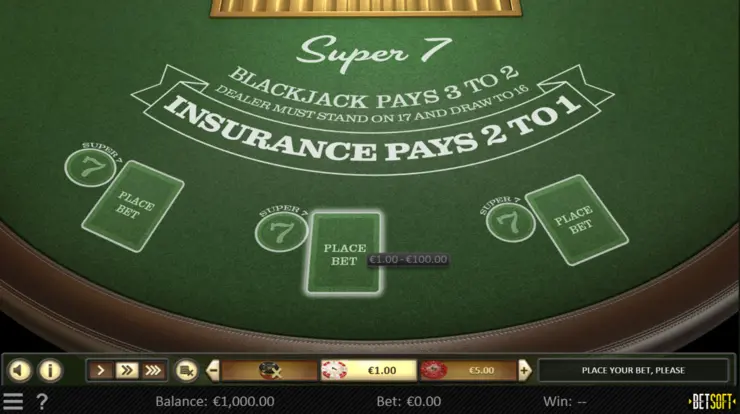 Betsoft casinos showcasing the Super 7 Blackjack table game interface.