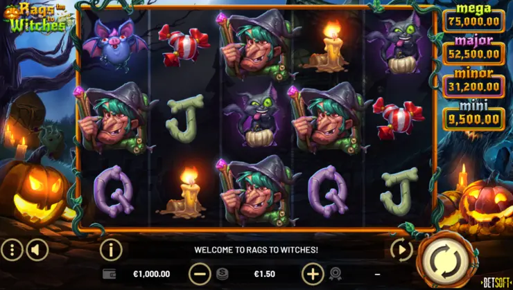 Betsoft casinos presenting the Rags to Witches Hold & Win slot game.
