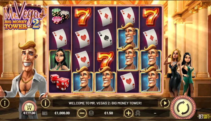 Betsoft casinos displaying the Mr. Vegas 2 Big Money Tower slot interface.