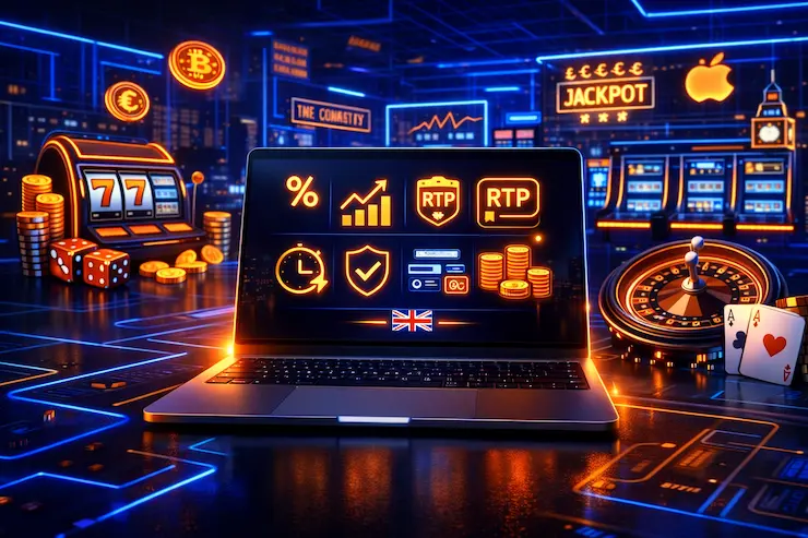 Neon CGI laptop featuring “Best Payout Online Casino in the UK” with payout icons and blue-orange casino lights.