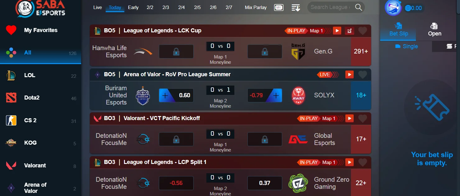 Giao diện sảnh cược SABA Esport tại nhà cái uy tín