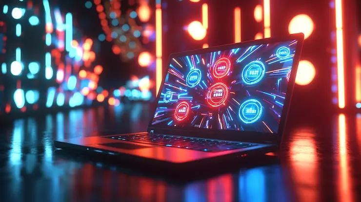 A laptop with neon digital graphics representing non-UK online casino sites