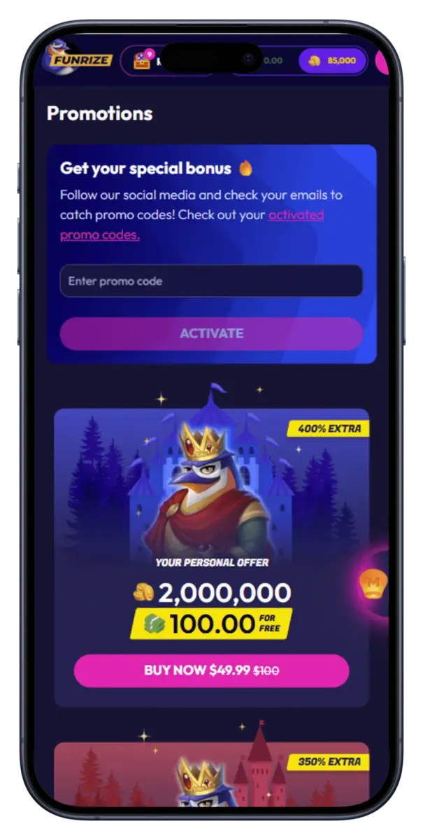 Funrize social casino on mobile
