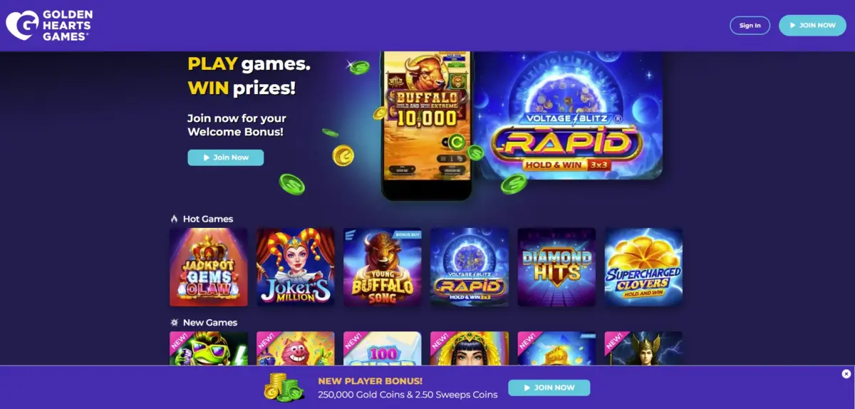 Golden Hearts games casino homepage