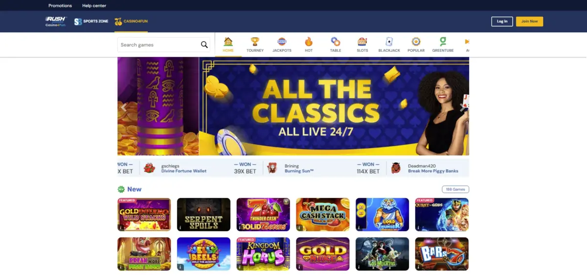 Rush Games social casino - games lobby