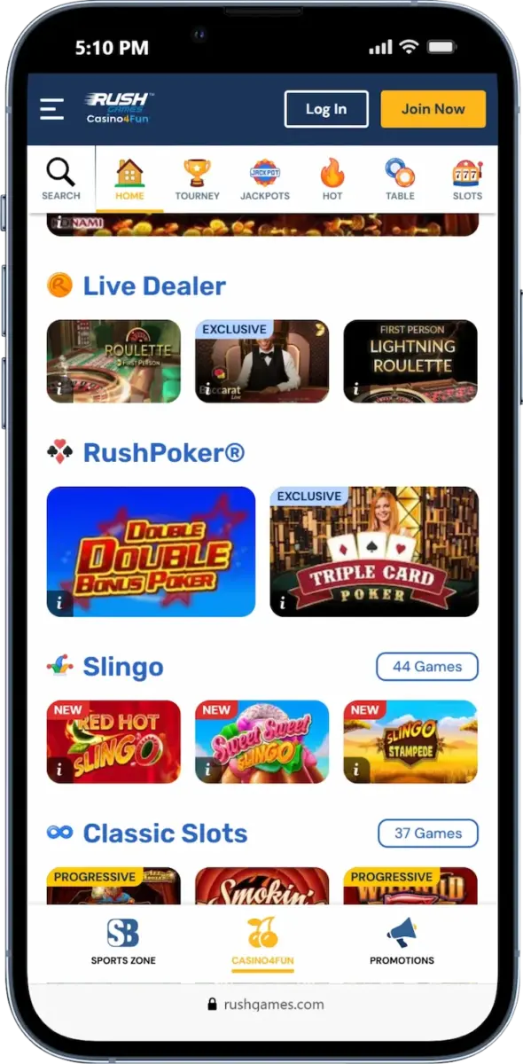 Rush Games casino on mobile