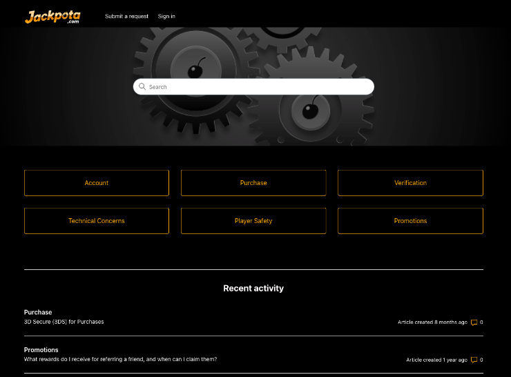 Jackpota customer support page