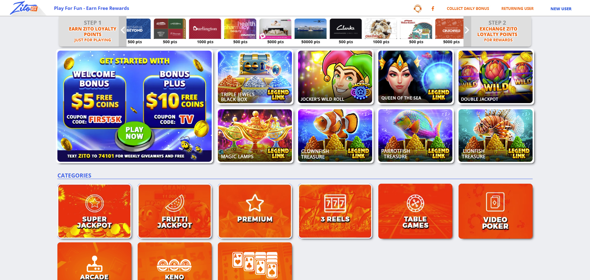 ZitoBox social casino homepage