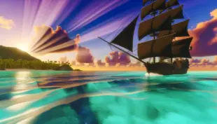 Pirate ship with black sails sailing Caribbean waters at sunset for Assassin's Creed Black Flag remake