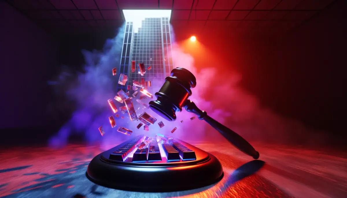 Corporate gavel striking gaming keyboard with scattered digital content in dramatic red and blue lighting